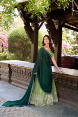 Elegant Silver Glossy Lehenga with Sequins & Hotfix Embroidery, Silk Lining & Rangoli Silk Dupatta