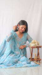 Light Blue Chiffon Anarkali Kurta Set with Sequin Work and Floral Print