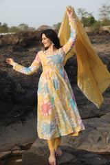 Organza Hand Print Foil Work Kurta Set with Micro Cotton Pants & Embroidered Organza Dupatta