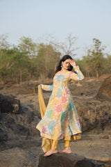 Organza Hand Print Foil Work Kurta Set with Micro Cotton Pants & Embroidered Organza Dupatta