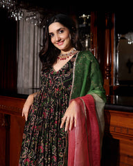 Florris Mush Black Printed Chinon Suit Set