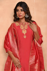 Rusty Red Embroidered A-Line Chanderi Silk Salwar Suit with Delicate Patchwork Detailing