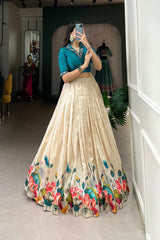 Elegant Tussar Silk Lehenga Set with Floral Print and Mirror Work Blouse