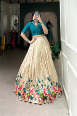 Elegant Tussar Silk Lehenga Set with Floral Print and Mirror Work Blouse