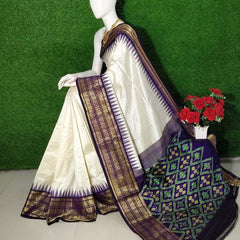 White Zari Kanchi Border Plain Saree With Blouse