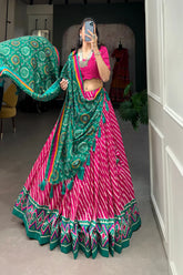 Elegant Leheriya Print Tussar Silk Lehenga Choli with Patola Border & Bandhani Dupatta