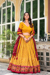 Elegant Leheriya Print Tussar Silk Lehenga Choli with Patola Print Border & Bandhani Dupatta