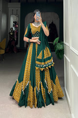 Mustard & Green Cotton Chaniya Choli with Cowrie Lace for Navratri Festival