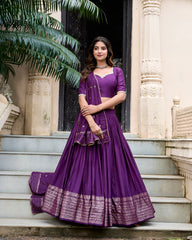 Festive Pure Chanderi Lehenga with Zari Border and Sequined Embroidered Dupatta