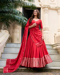 Elegant Pure Chanderi Lehenga with Zari Weaving Border & Sequins Embroidered Dupatta – Festive & Wedding Wear