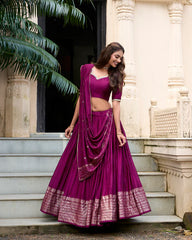 Pure Chanderi Lehenga with Zari Weaving Border & Sequins Embroidered Dupatta | Elegant Festive Wear