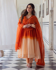 Drape Orange Ombre Embroidered Chanderi Suit Set