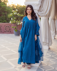 Desi Blue Embroidered Chanderi Suit Set