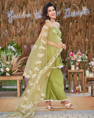 Sage Green Solid Silk Suit Set with Elegant Finish