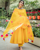 Yellow Cotton Suit Set with Handpainted Organza Dupatta
