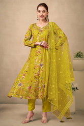 Mustard Floral Printed With Handwork On Neck Rayon Anarkali Salwar Suit