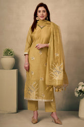 Mustard Chanderi Cotton Jamdani Salwar Suit with Floral Embroidery