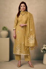 Mustard Chanderi Cotton Jamdani Salwar Suit with Floral Embroidery