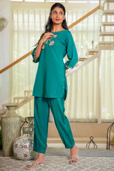Elegant Dark Sea Green Floral Embroidered Co-Ord Set in Chinon Fabric