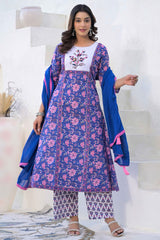 Blue Pure Cotton Salwar Suit with Floral Prints and Embroidered Neck