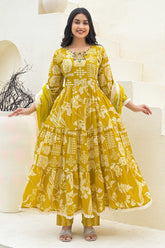 Traditional Printed Mustard Anarkali Salwar Suit with Delicate Embroidery in Cotton Fabric