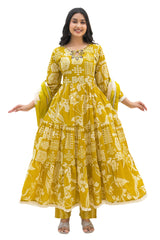 Traditional Printed Mustard Anarkali Salwar Suit with Delicate Embroidery in Cotton Fabric