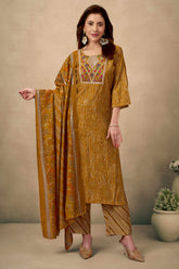 Mustard Bandhani Chanderi Silk Salwar Suit With Embroidered Neckline