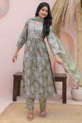 Olive Printed and Embroidered Pure Cotton Salwar Suit in Flattering A-Line Cut