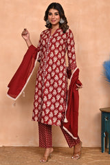 Maroon Floral Printed Salwar Suit in Pure Cotton with Modern Front Slit Styling