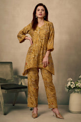 Mustard Floral Print Cotton Co-Ord Set with Mirror Work Detailing