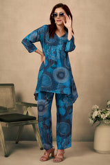 Teal Floral Print Muslin Suit with Sequins Detail – Top & Bottom