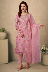 Light Peach Floral Print With Zari Weaving Work Organza Straight Salwar Suit