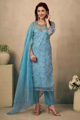 Light Sky Blue Floral Print With Zari Weaving Work Organza Straight Salwar Suit