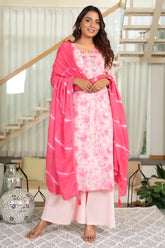 Feminine A-Line Salwar Suit in Soft Pink Pure Cotton with Delicate Floral Prints and Embroidery Highlights