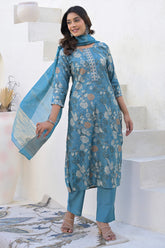 Blue Straight Viscose Salwar Suit With Delicate Floral Prints