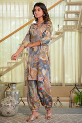 Grey Floral Print Rayon Co-Ord Set with Shirt Collar – Stylish & Comfortable Daily Wear