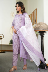 Lavender Printed Rayon Salwar Suit Set with Embroidered Details and Cotton Dupatta