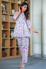 White & Purple Angrakha Style Cotton Co-Ord Set with Abstract Print – Comfortable & Chic