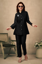 Black Organza Co-Ord Set with Floral Pattern & Stone Handwork – Elegant Party Wear