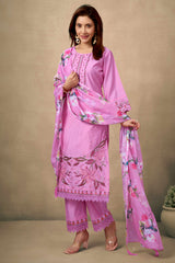 Pink Floral Embroidered Straight Salwar Suit Made of Chanderi Silk.