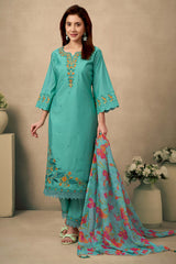 Green Floral Embroidered Straight Salwar Suit Made of Chanderi Silk.