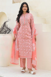 Gajari Pink Pure Cotton Straight Salwar Suit Adorned With Delicate Floral Prints & Embroidery Work