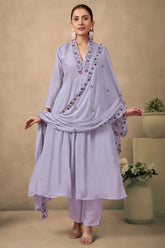 Grey Floral Embroidery With Handwork Viscose Anarkali Salwar Suit