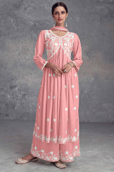 Peach Rayon Salwar Suit Featuring Beautiful Floral Embroidery