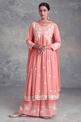 Floral Embroidered Peach Rayon A-Line Salwar Suit