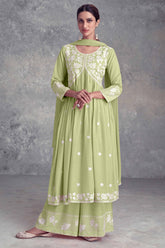 Floral Embroidered Pista Green Rayon A-Line Salwar Suit