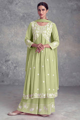 Floral Embroidered Pista Green Rayon A-Line Salwar Suit