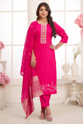 Pink Floral Embroidered Straight Salwar Suit in Viscose Vertican Silk
