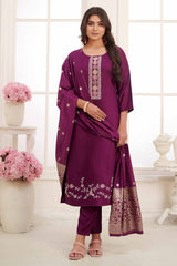 Purple Floral Embroidered Straight Salwar Suit in Viscose Vertican Silk