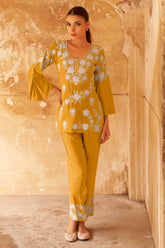 Mustard Rayon Co-Ord Set with Floral Embroidery – Stylish & Comfortable Everyday Wear